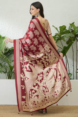 Divine Maroon Kalamkari Printed Satin Silk Saree With Desirable Blouse Piece