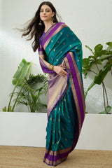 Jubilant Rama Pure Zari Weaving Banarasi Silk Saree With Desultory Blouse Piece