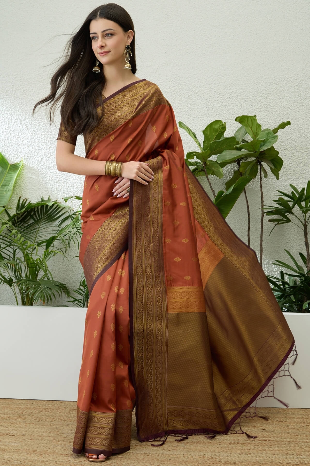 Imaginative Orange Pure Zari Weaving Banarasi Silk Saree With Wonderful Blouse Piece