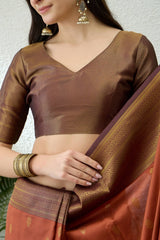 Imaginative Orange Pure Zari Weaving Banarasi Silk Saree With Wonderful Blouse Piece