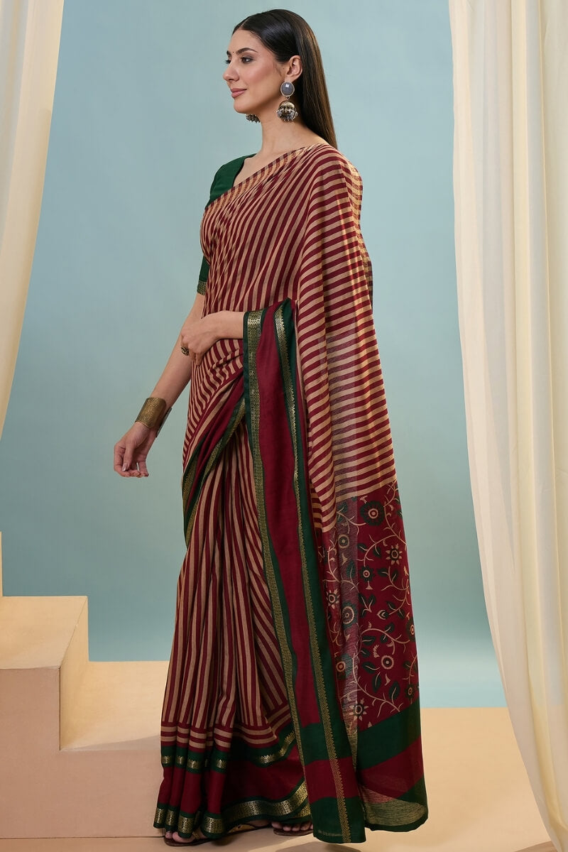 Gossamer Red Printed Cotton Silk Saree With Preferable Blouse Piece