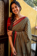 Ishita Dutta In Green Striped Printed Cotton Silk Saree