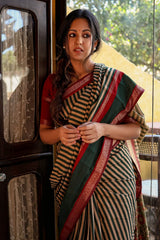 Ishita Dutta In Green Striped Printed Cotton Silk Saree