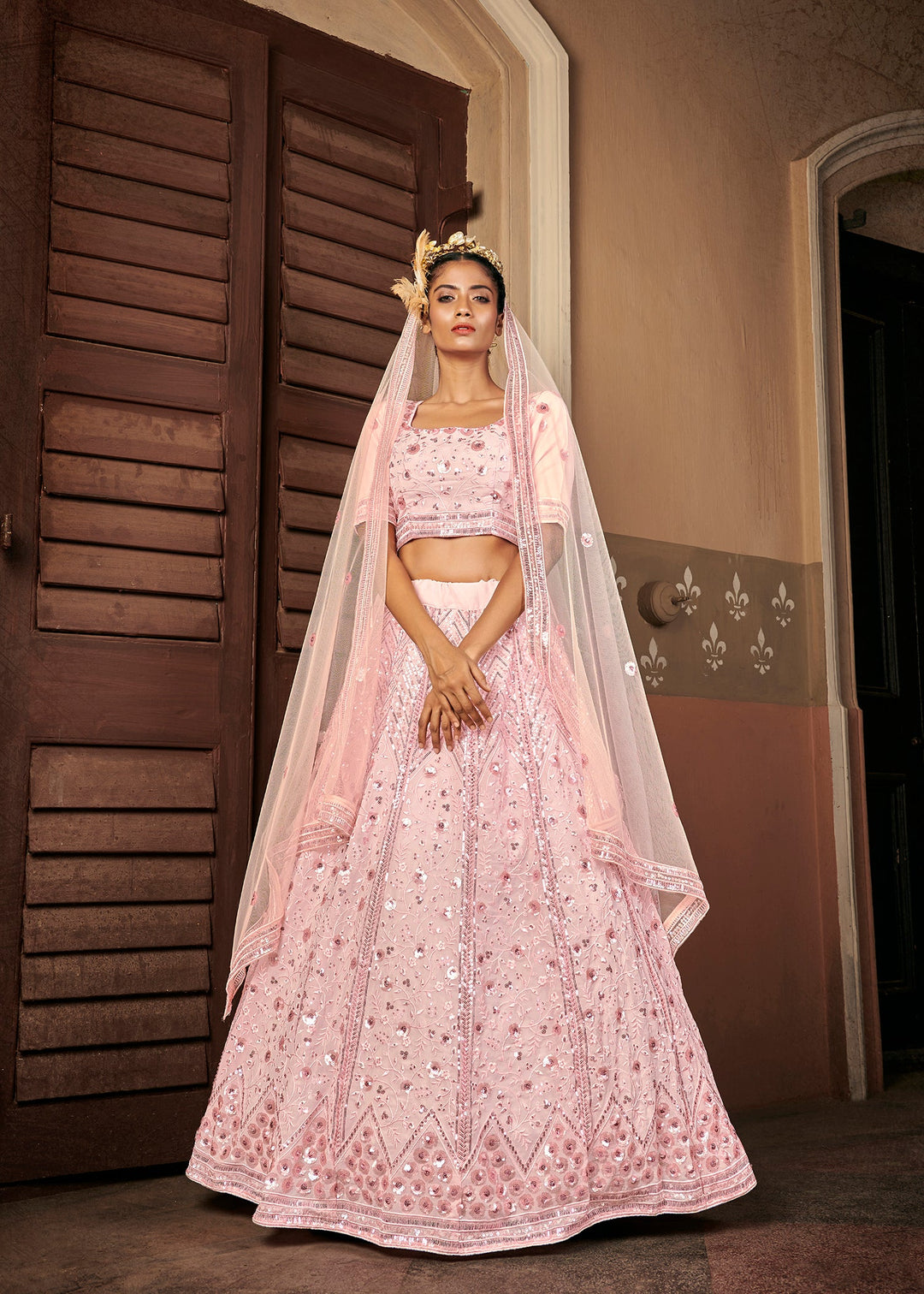 Glamourous Pink Sequins Embroidered Georgette Party Wear Lehenga
