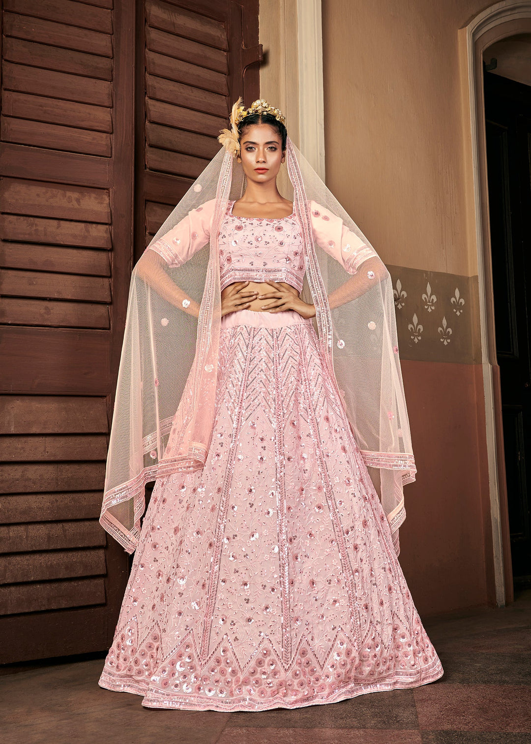 Glamourous Pink Sequins Embroidered Georgette Party Wear Lehenga