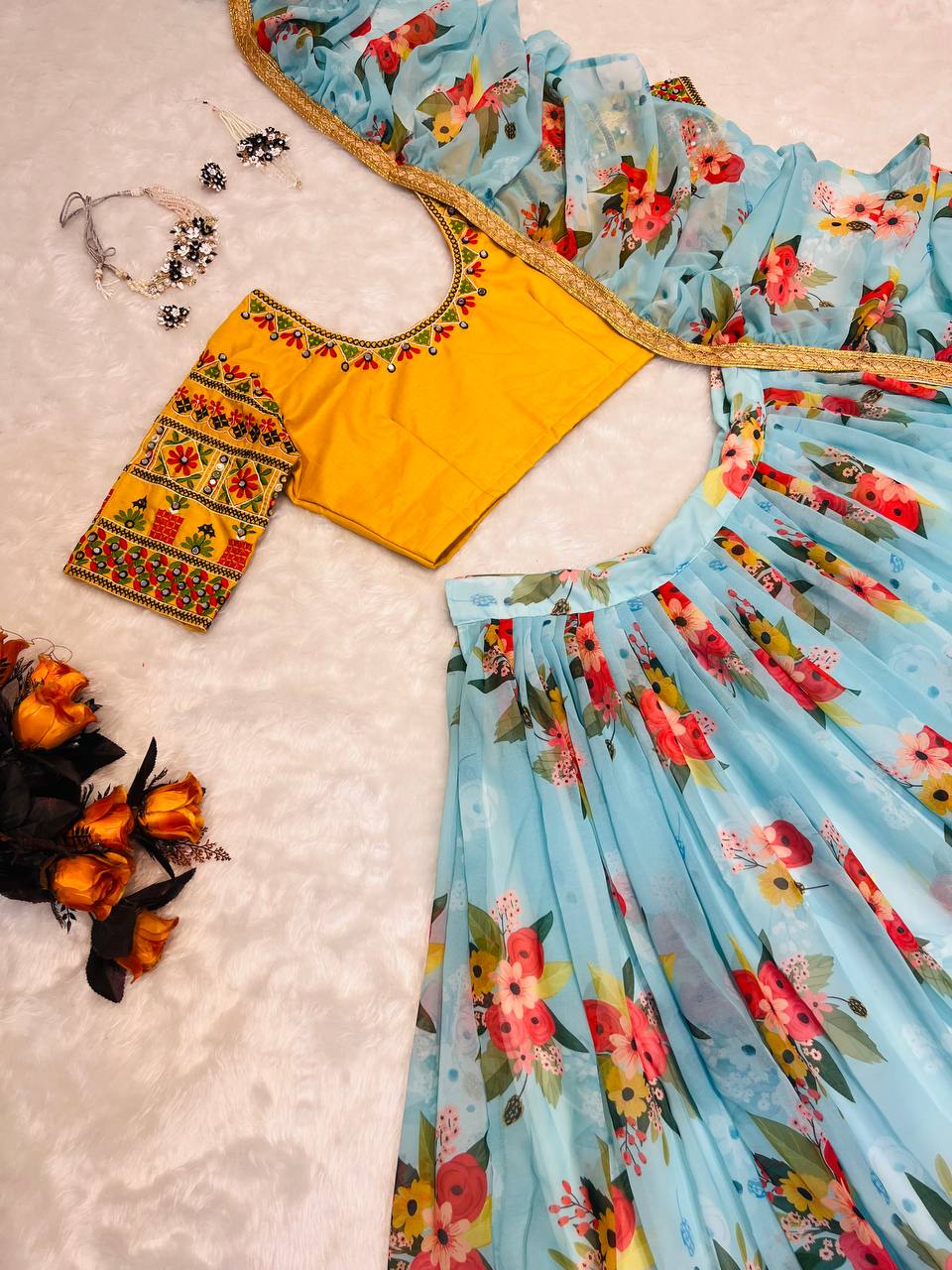 Glossy Floral Printed Sky Blue With Yellow Color Lehenga Choli