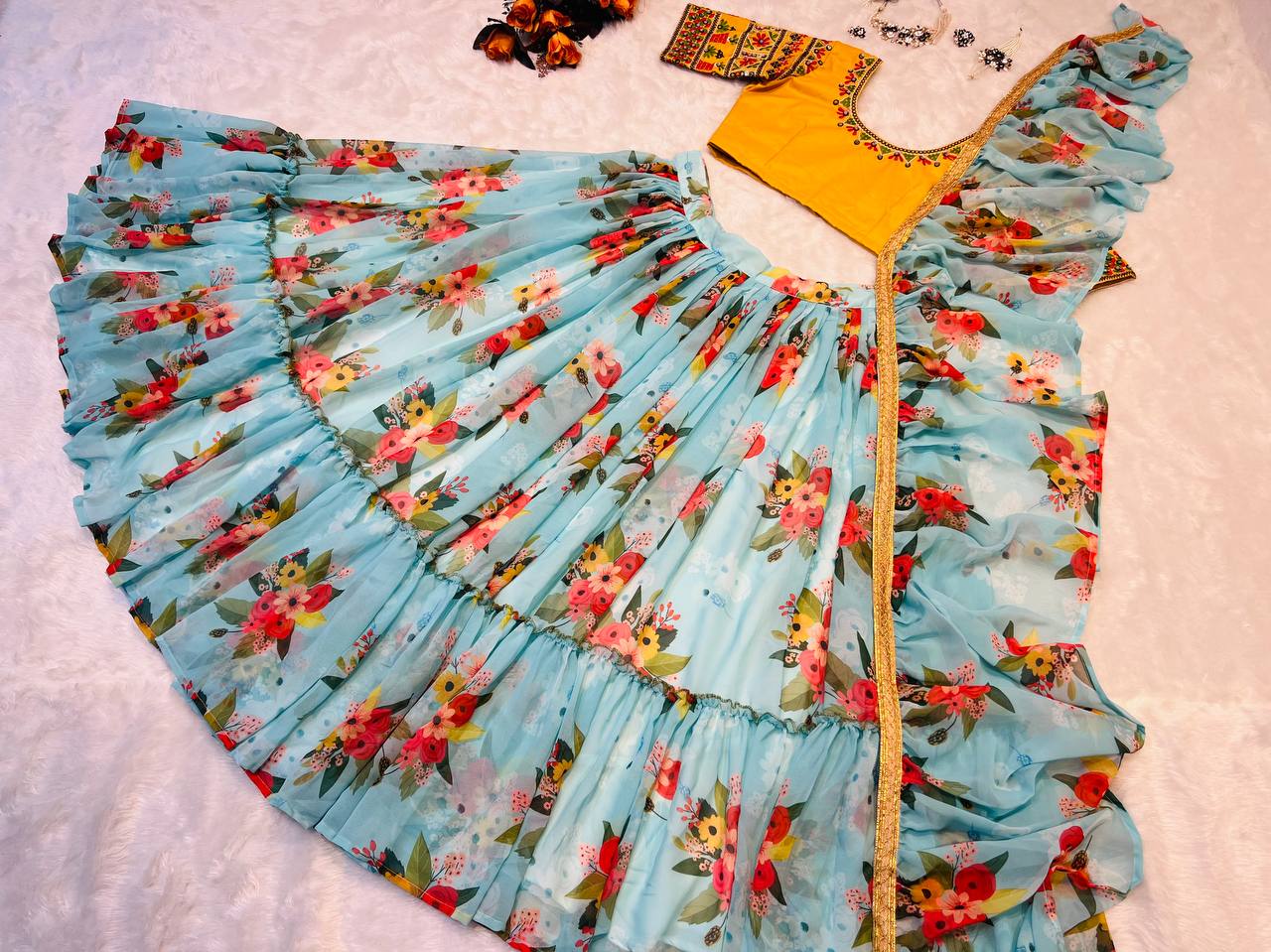 Glossy Floral Printed Sky Blue With Yellow Color Lehenga Choli