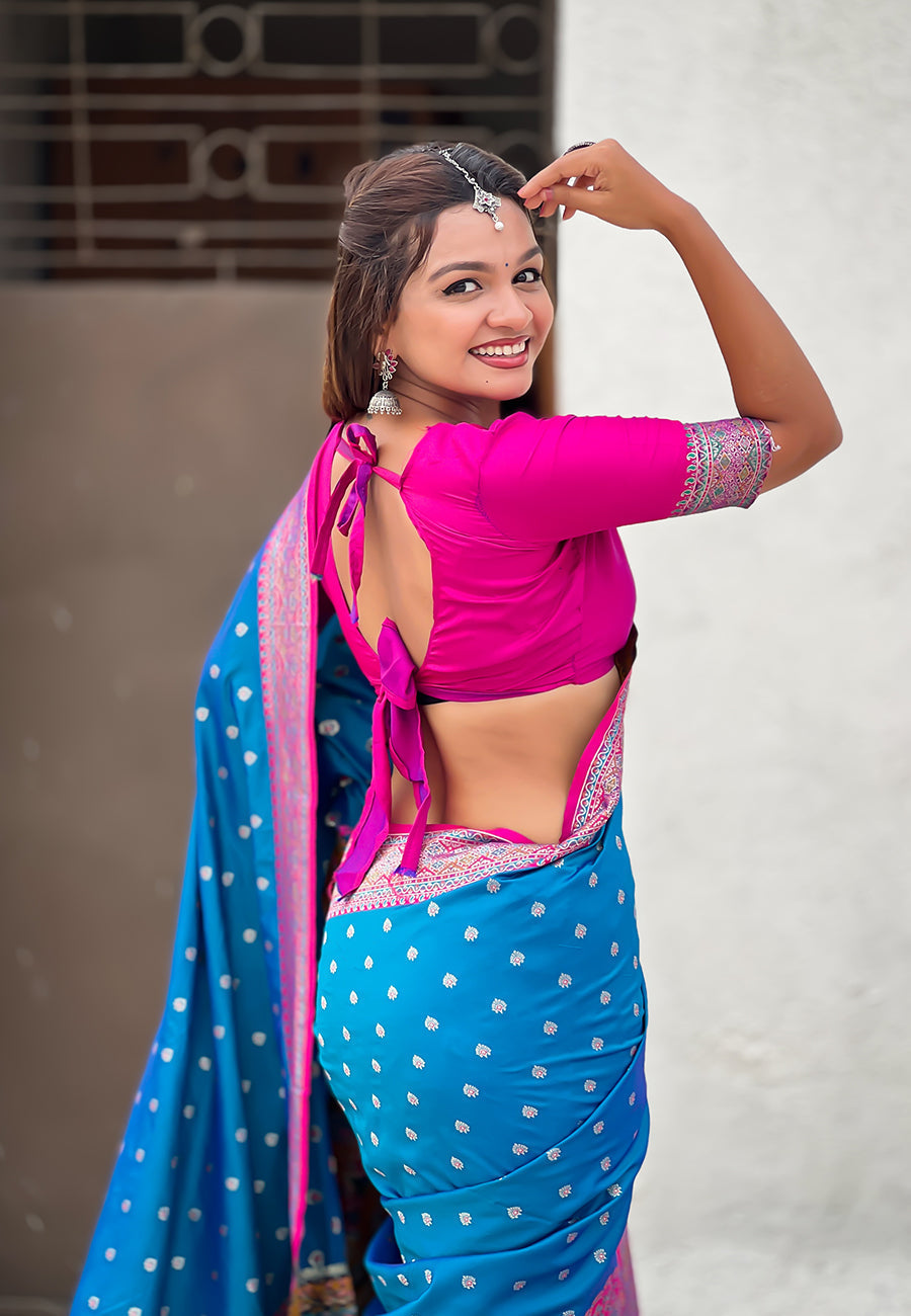 Blue pashmina darbari silk zari woven saree with meenakari border