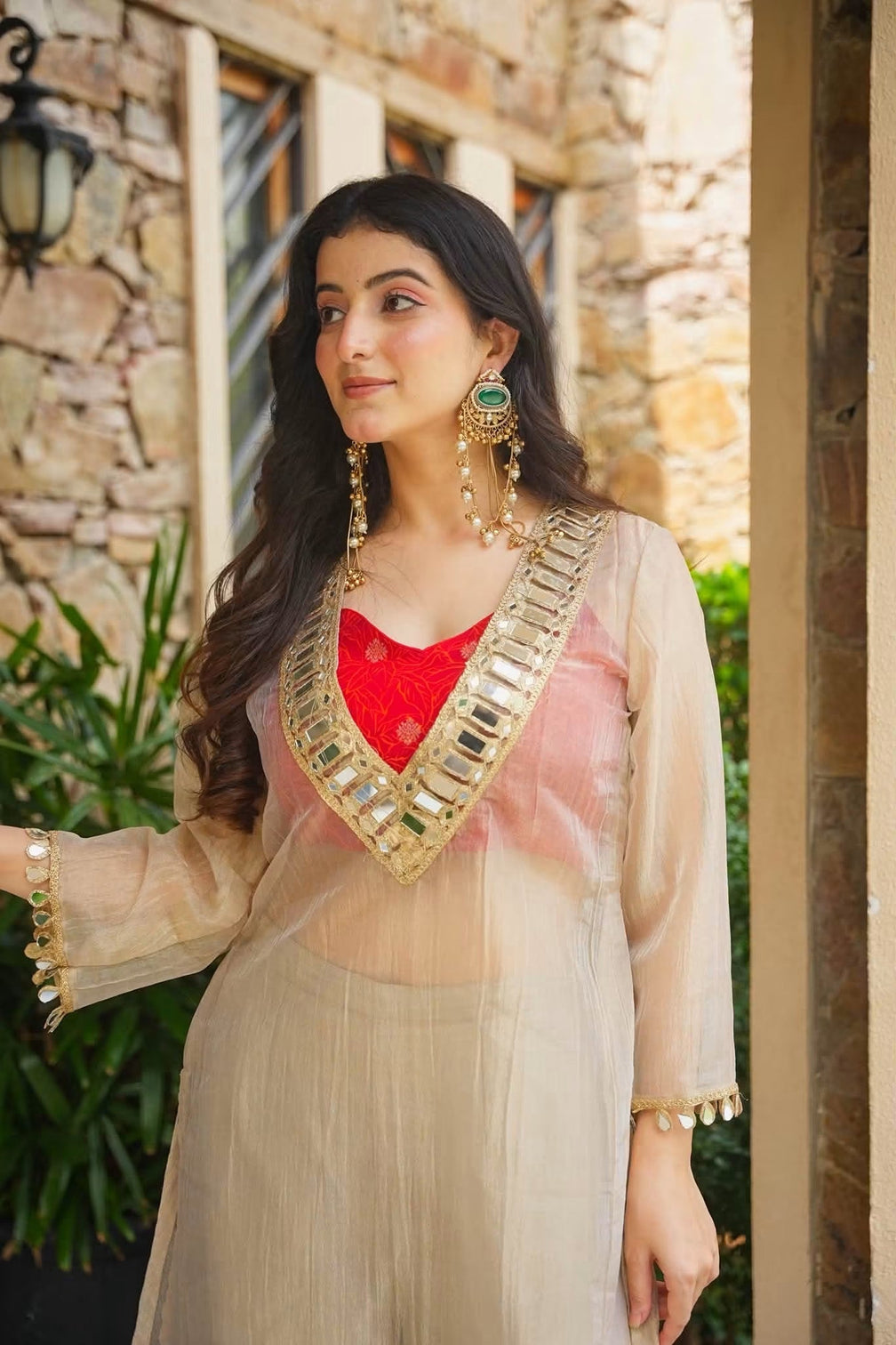 Golden tissue indo western festive anarkali set