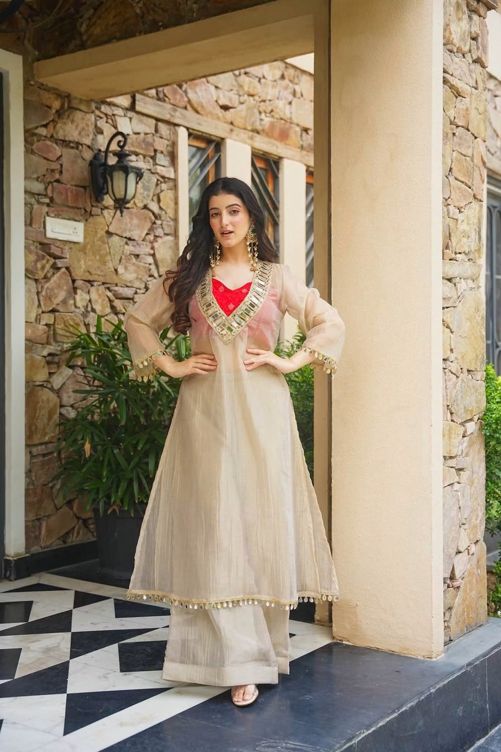 Golden tissue indo western festive anarkali set mameraa