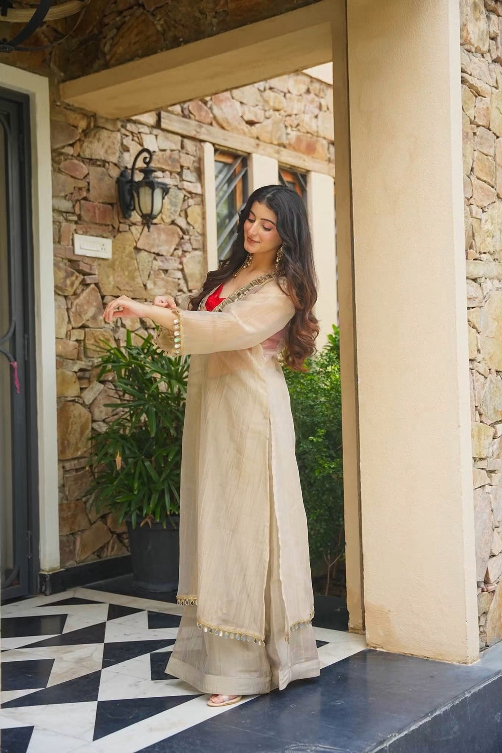 Golden tissue indo western festive anarkali set