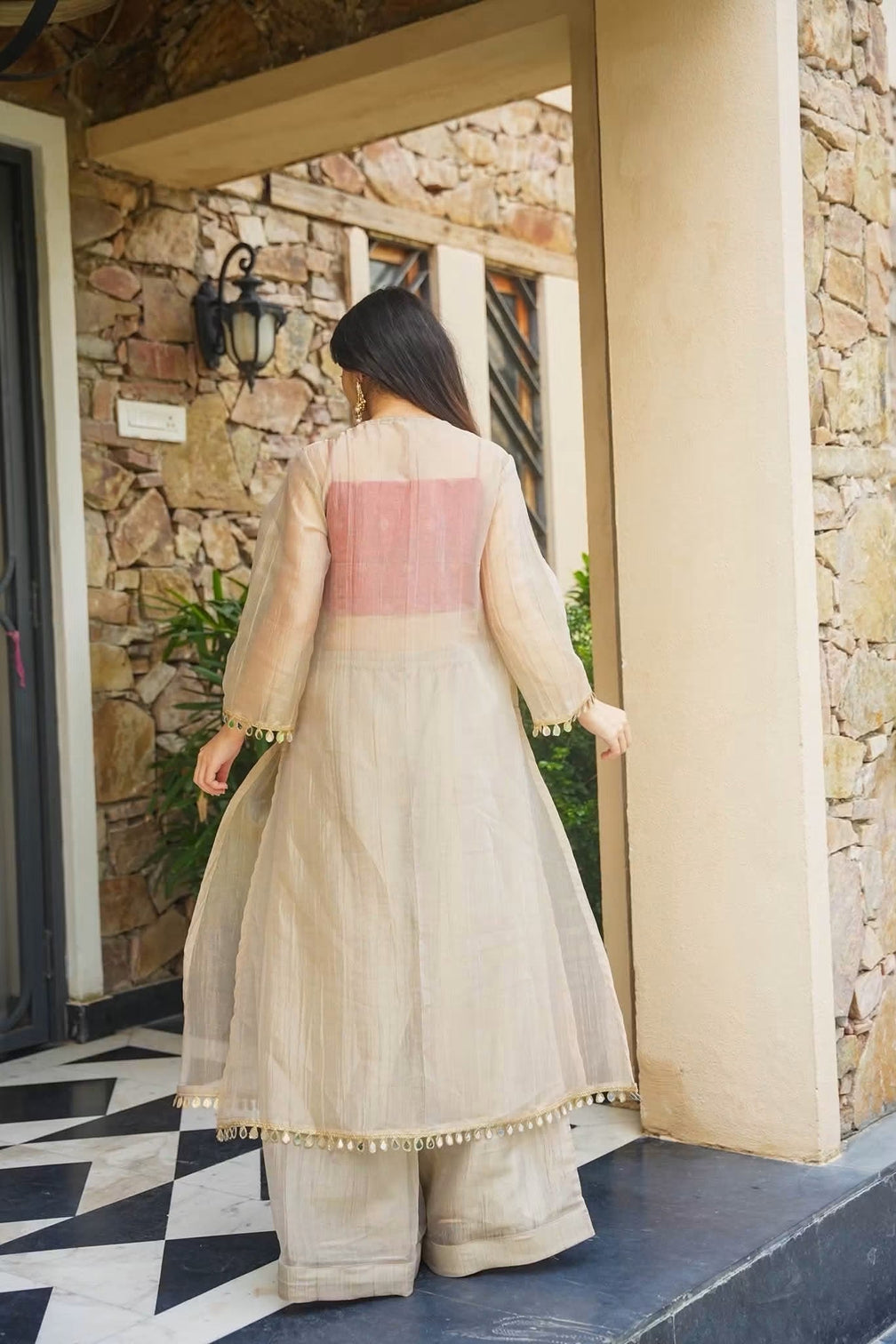 Golden tissue indo western festive anarkali set