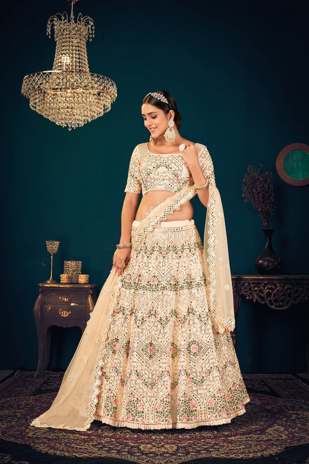 Gorgeous Beige Embroidered Sangeet Wear Lehenga Choli In Georgette Fabric