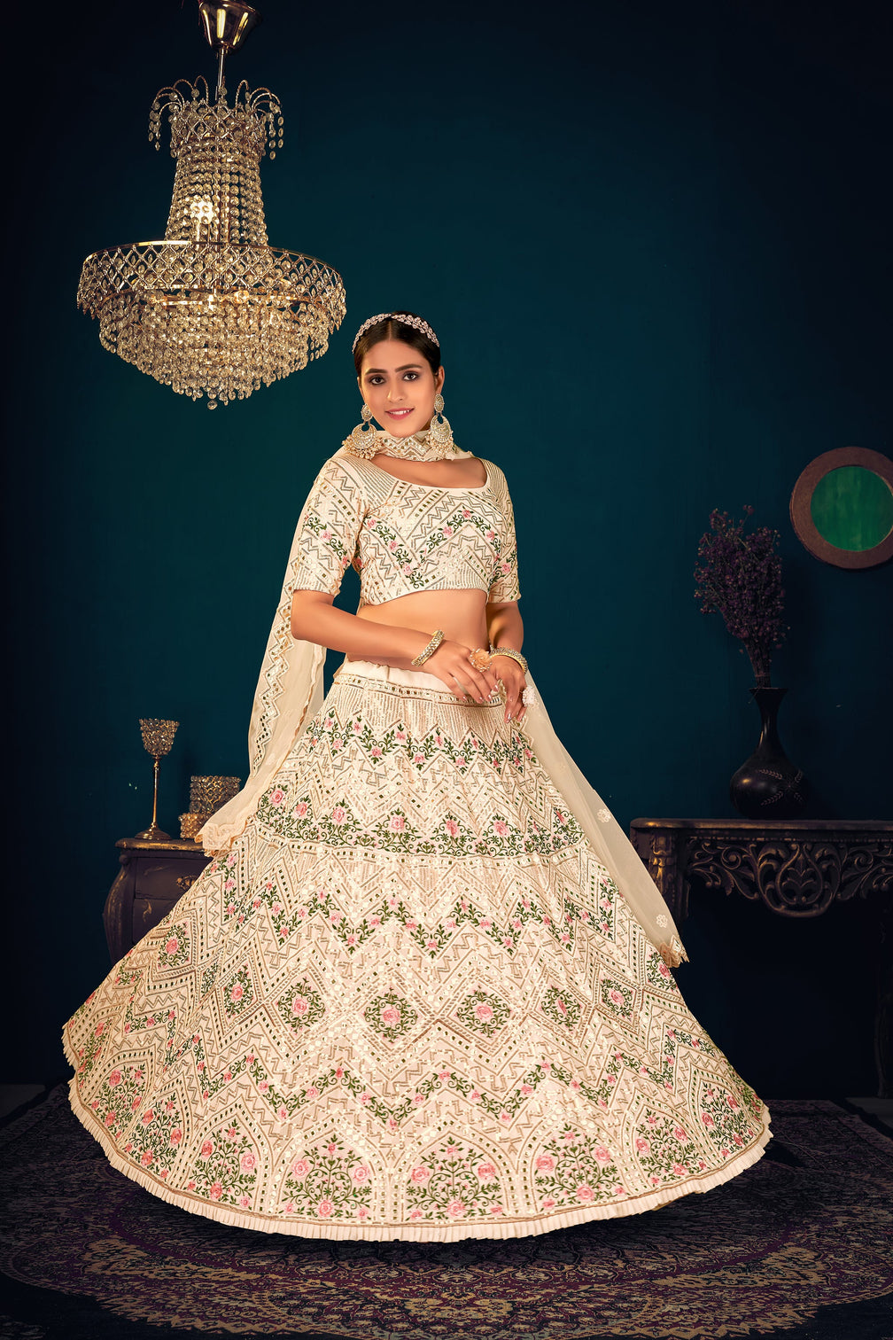 Gorgeous Beige Embroidered Sangeet Wear Lehenga Choli In Georgette Fabric