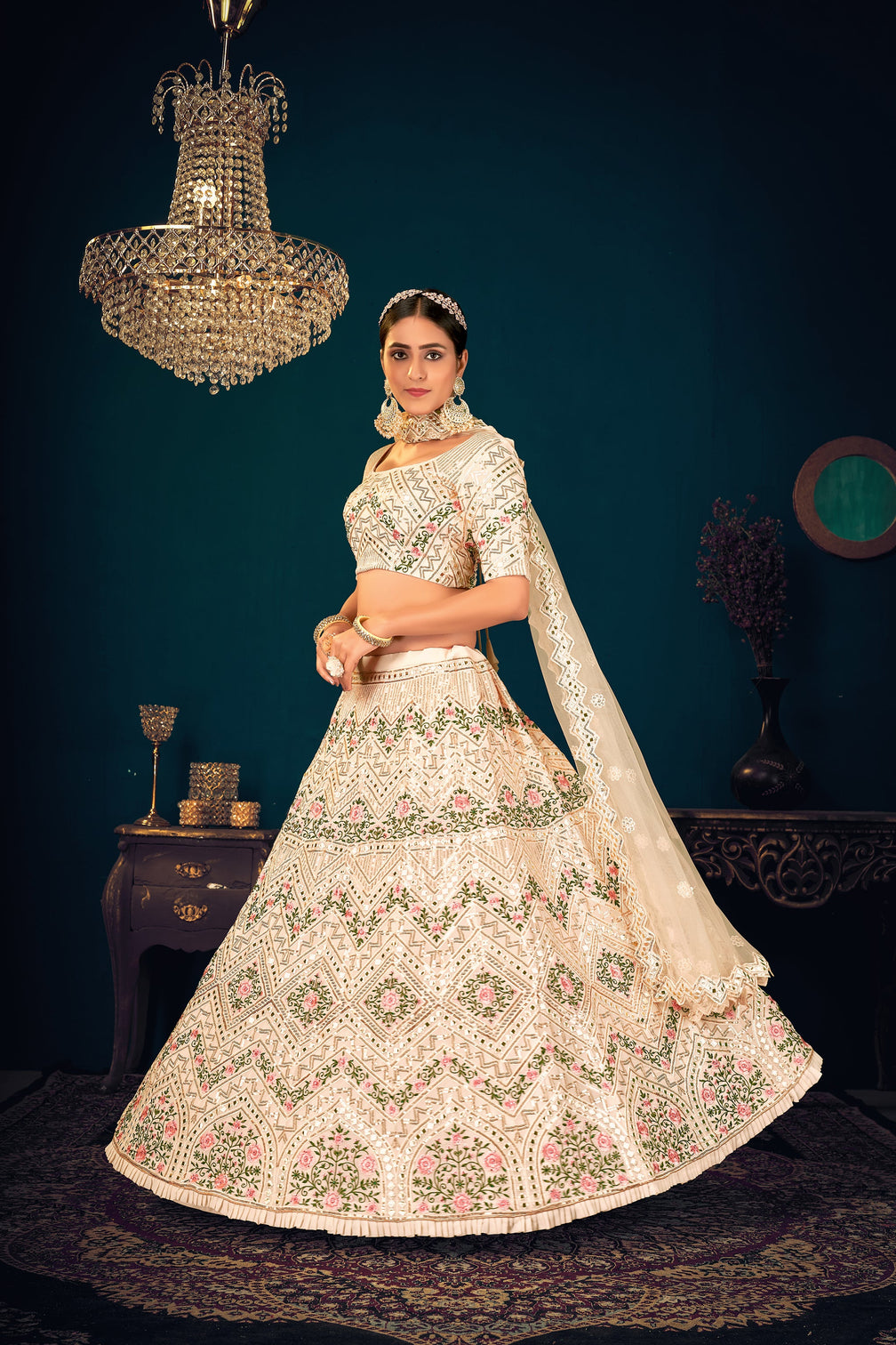 Gorgeous Beige Embroidered Sangeet Wear Lehenga Choli In Georgette Fabric