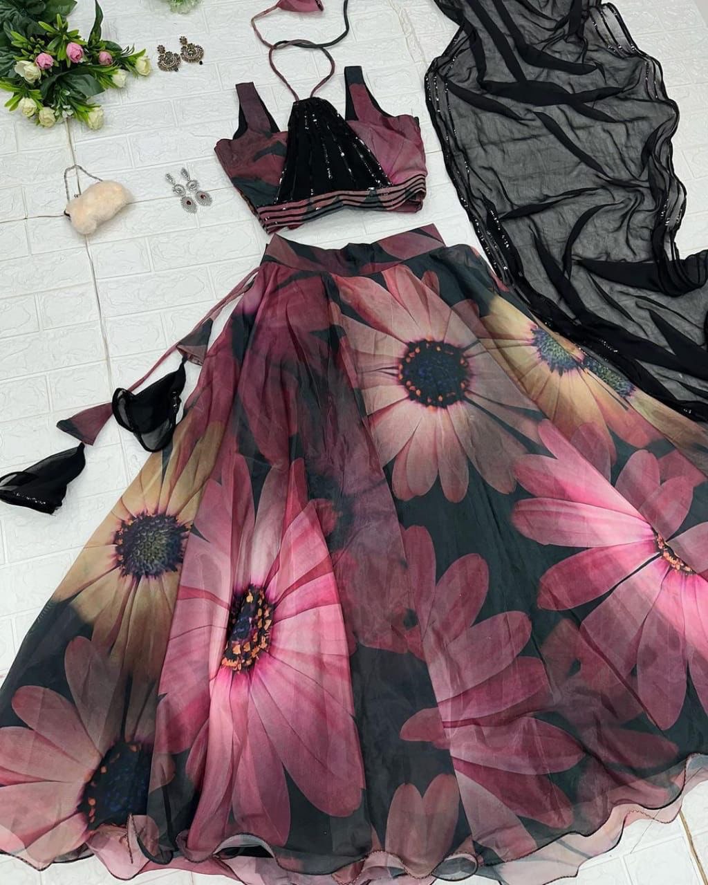 Gorgeous Black Color Digital Print Organza Lehenga Choli
