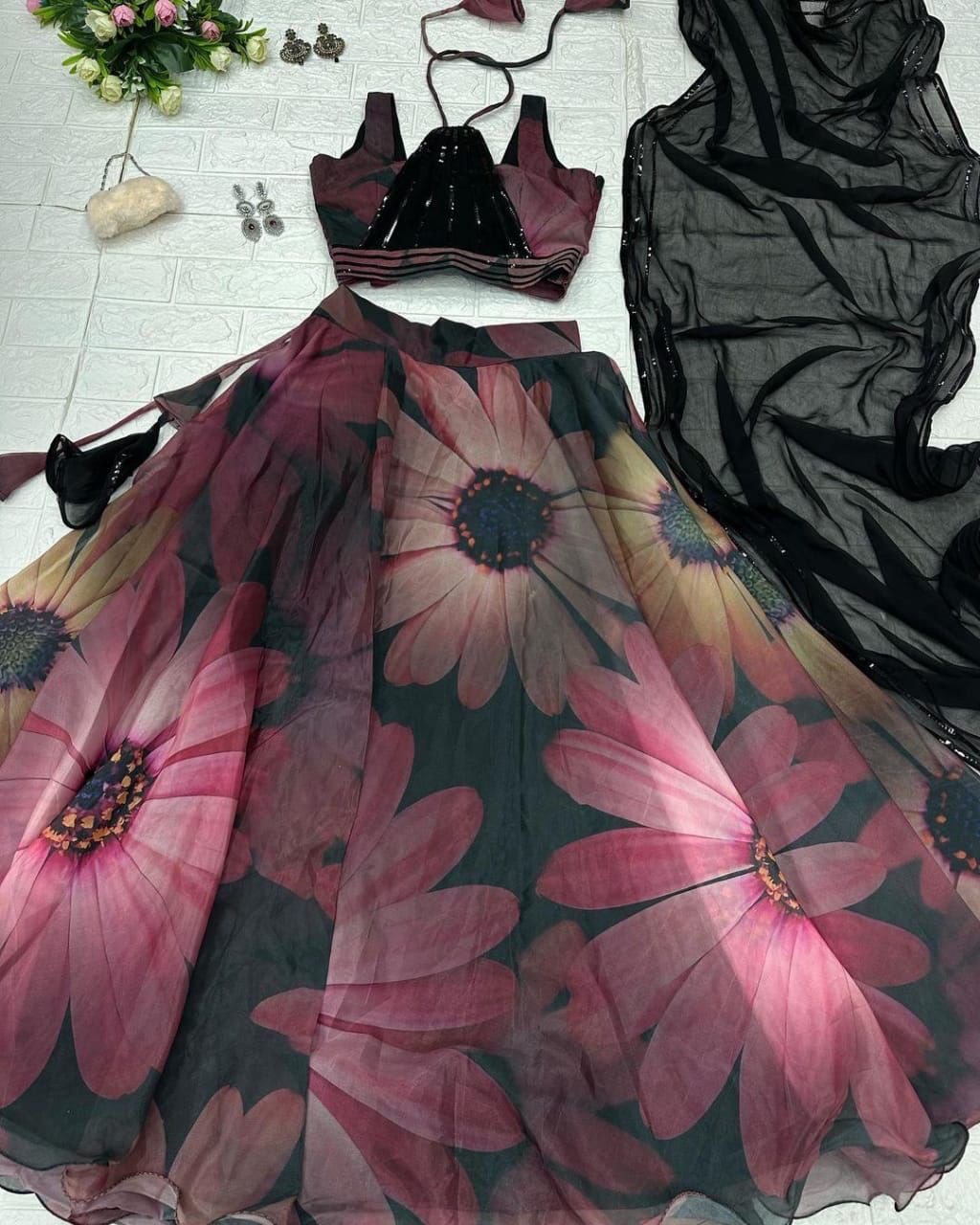 Gorgeous Black Color Digital Print Organza Lehenga Choli