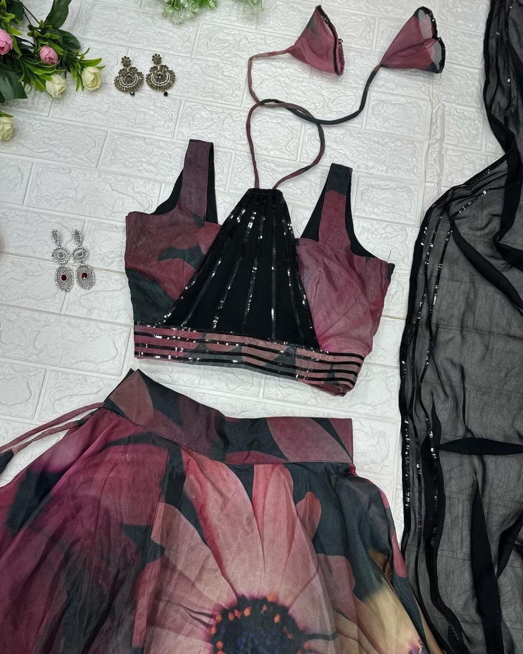 Gorgeous Black Color Digital Print Organza Lehenga Choli