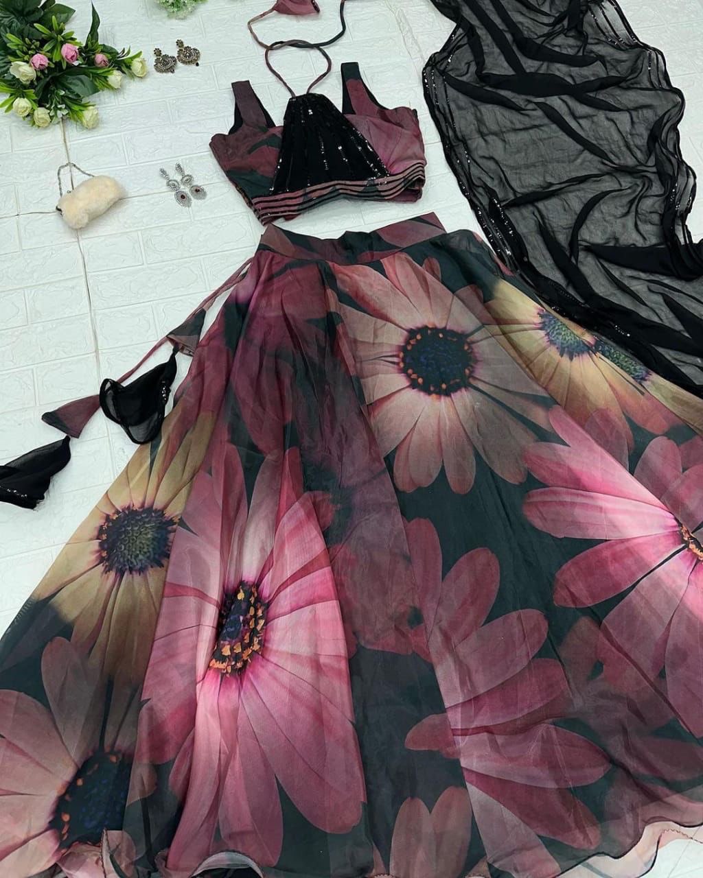 Gorgeous Black Color Digital Print Organza Lehenga Choli