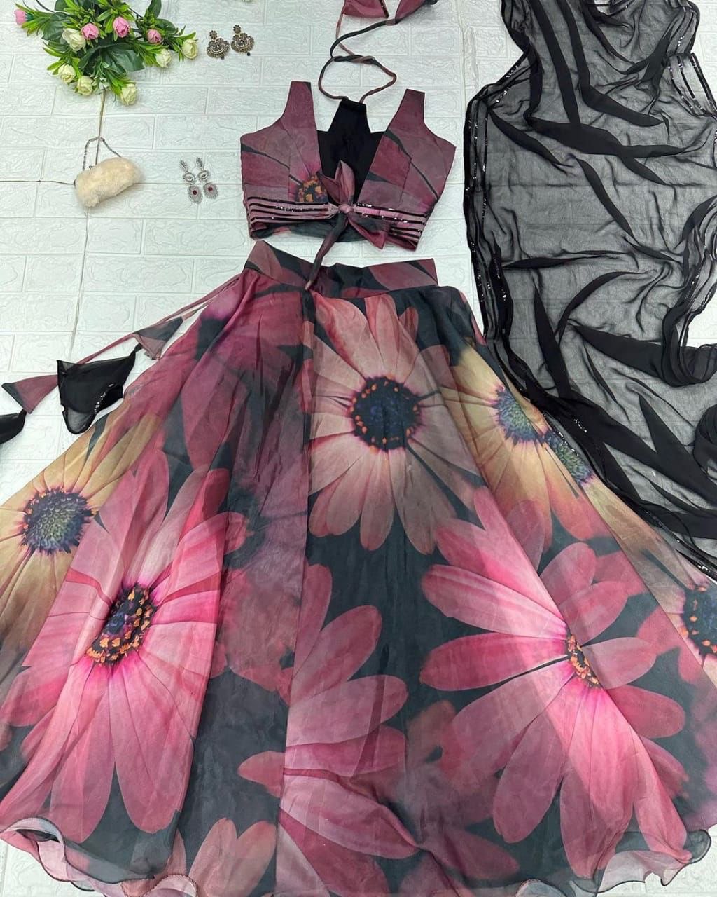 Gorgeous Black Color Digital Print Organza Lehenga Choli