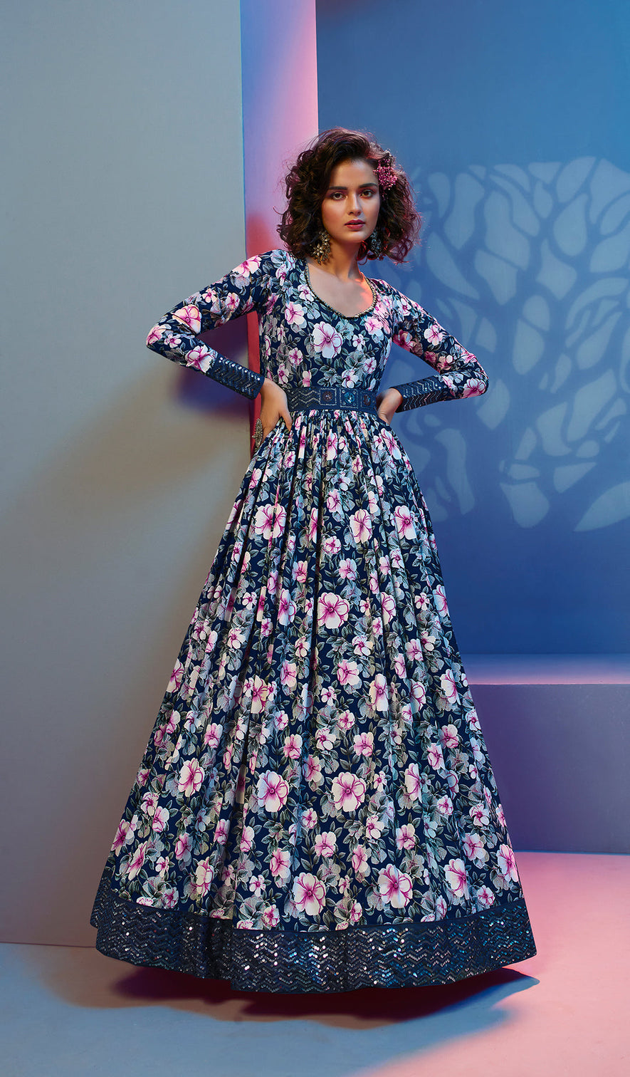 Gorgeous Blue Print With Sequince Embroidered Natural Crepe Anarkali Long Gown Semi Stitched