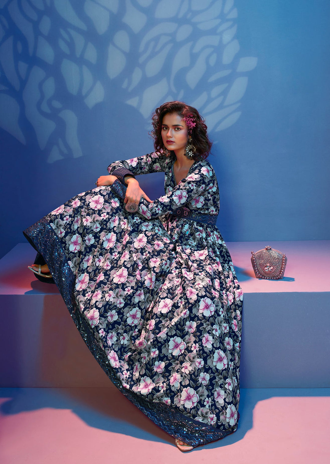 Gorgeous Blue Print With Sequince Embroidered Natural Crepe Anarkali Long Gown Semi Stitched