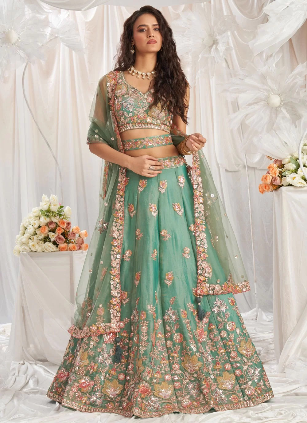 Gorgeous lime green sequins zarkan organza bridesmaid lehenga choli for wedding
