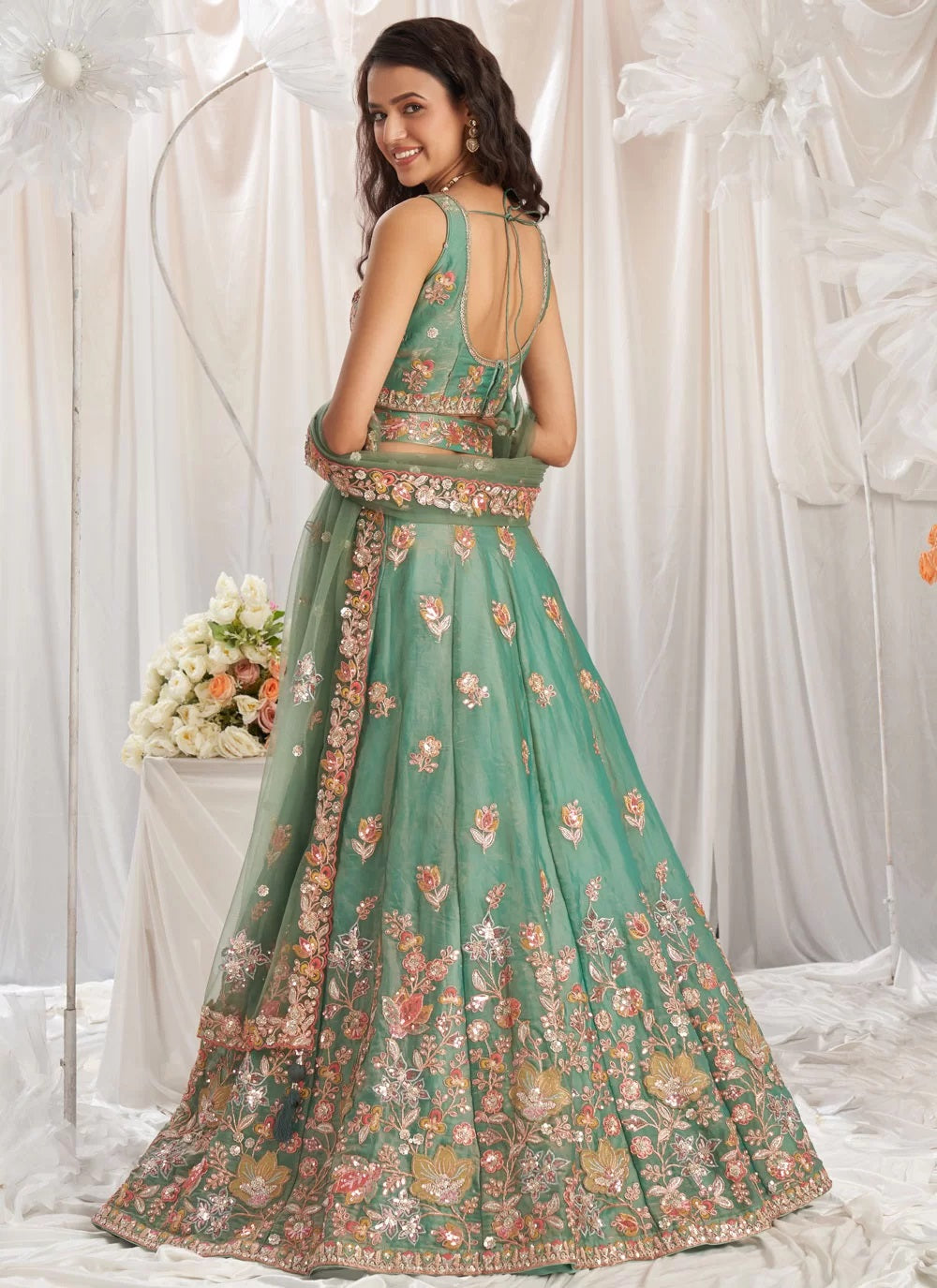 Gorgeous lime green sequins zarkan organza bridesmaid lehenga choli for wedding