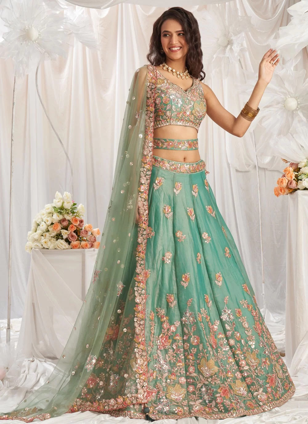 Gorgeous lime green sequins zarkan organza bridesmaid lehenga choli for wedding