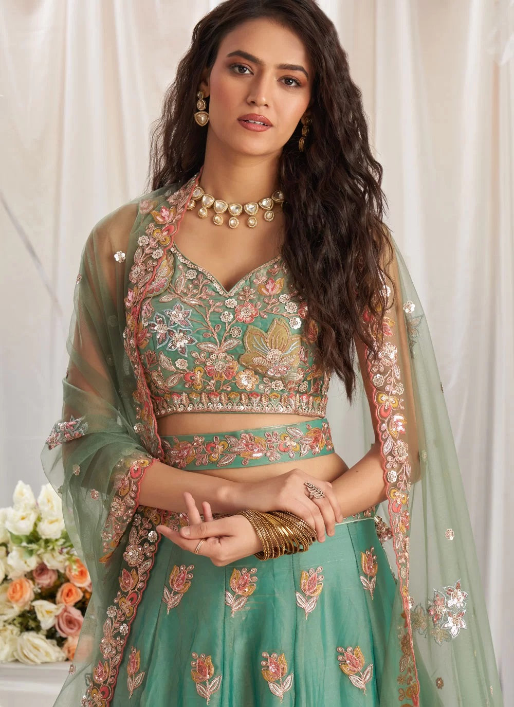 Gorgeous lime green sequins zarkan organza bridesmaid lehenga choli for wedding