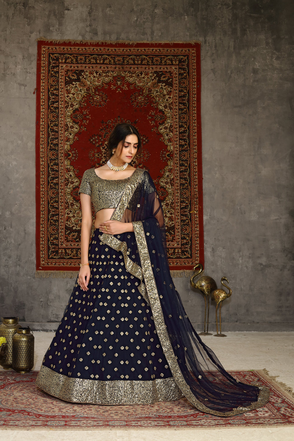 Gorgeous Navy Blue Sequins Embroidered Net Semi Stitched Party Lehenga
