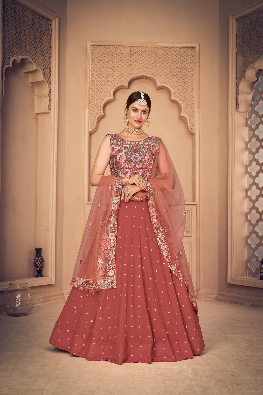 Gorgeous Orange Thread And Sequins Embroidered Georgette Semi Stitched Party Wear Lehenga