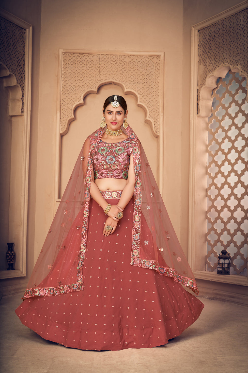 Gorgeous Orange Thread And Sequins Embroidered Georgette Semi Stitched Party Wear Lehenga