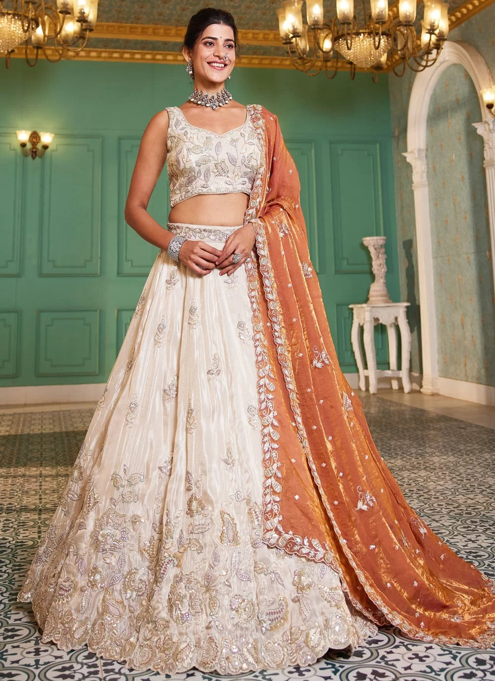 Gorgeous orange tissue embroidered sangeet wear lehenga choli with designer dupatta