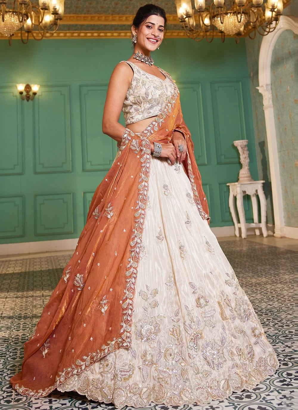 Gorgeous orange tissue embroidered sangeet wear lehenga choli with designer dupatta