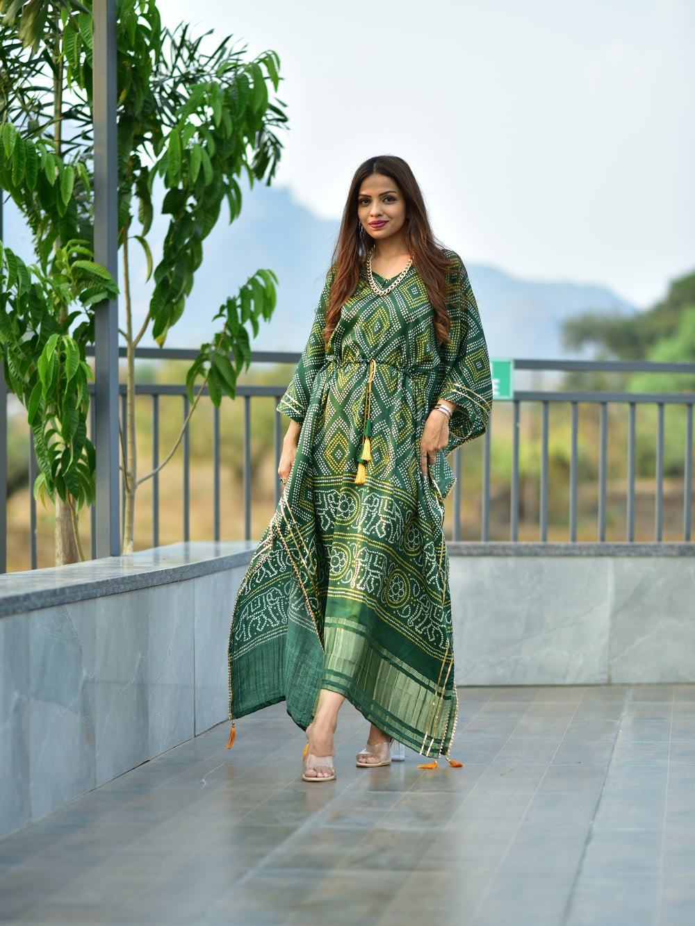 Green color digital bandhej print pure gaji silk kaftan