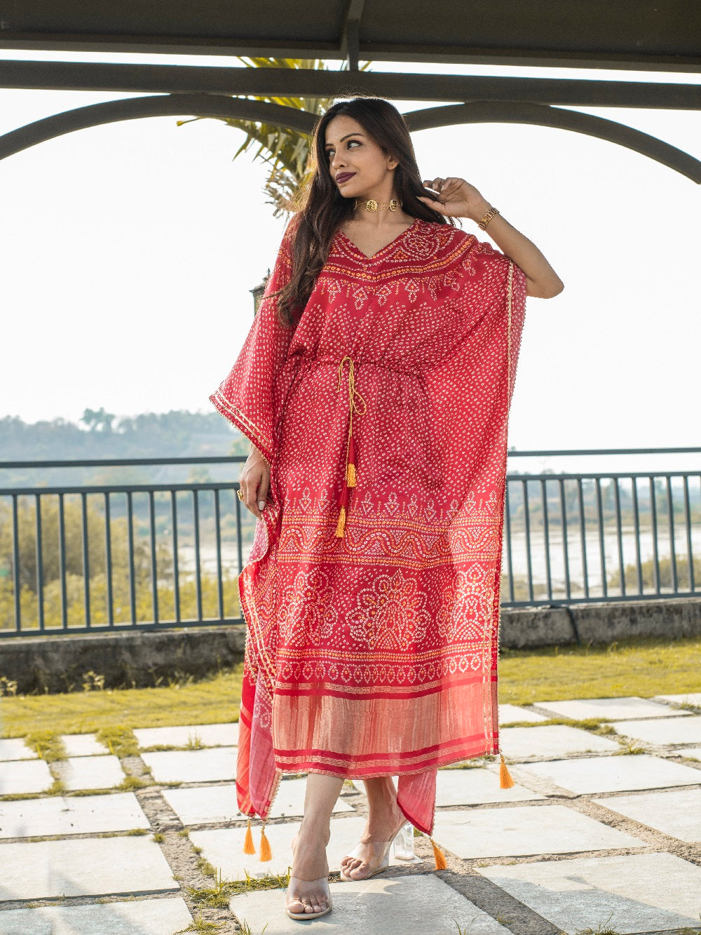 Red Color Digital Bandhej Print Pure Gaji Silk Kaftan