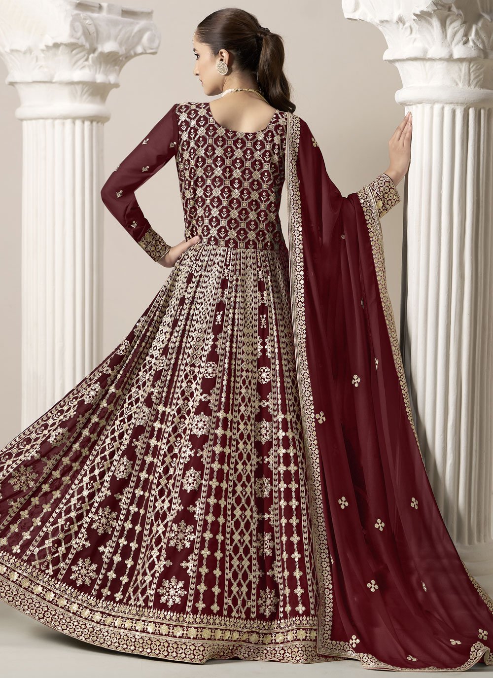 Graceful maroon faux georgette embroidered abaya style suit