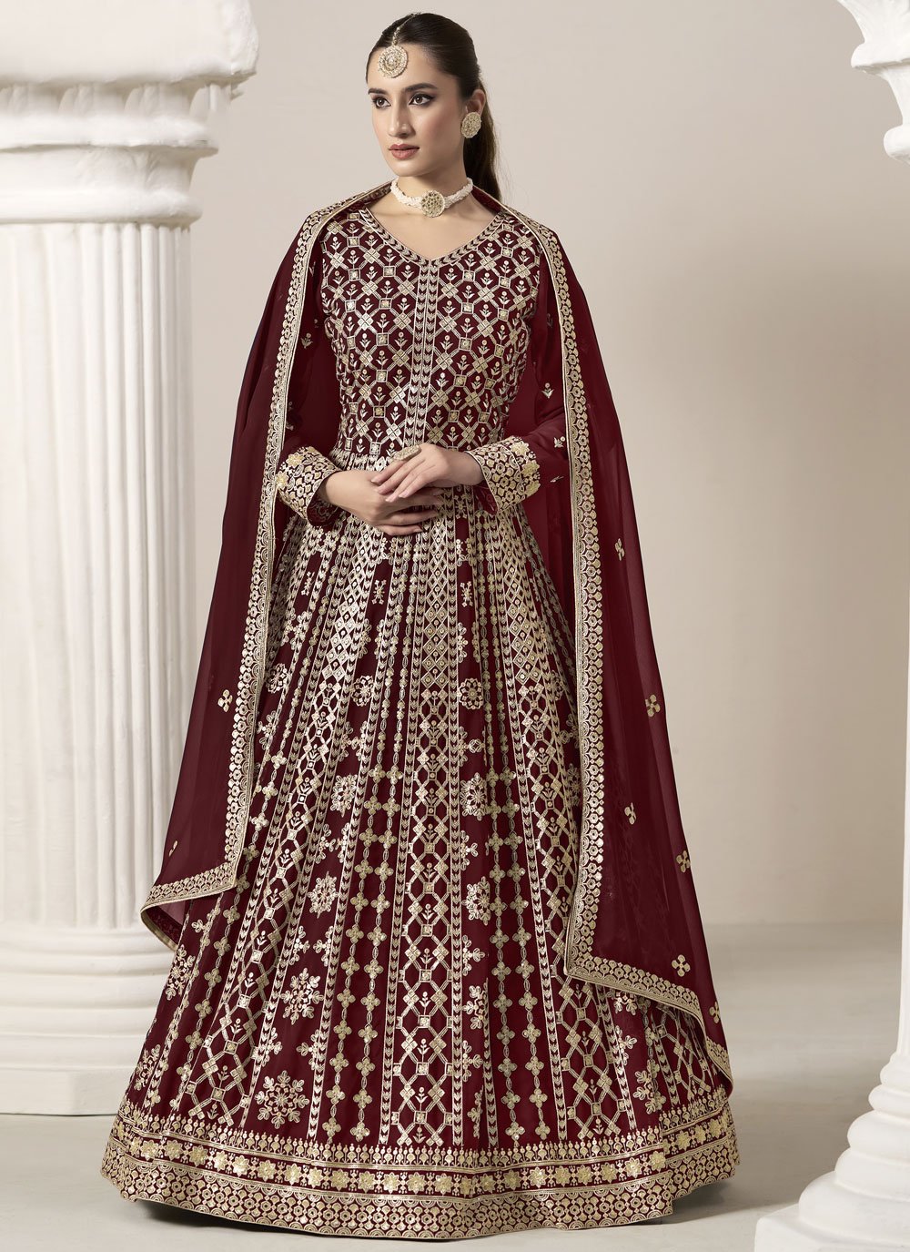 Graceful maroon faux georgette embroidered abaya style suit