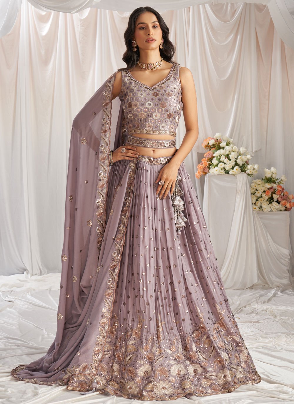 Graceful mauve embroidered wedding lehenga in poly georgette with sequins thread work