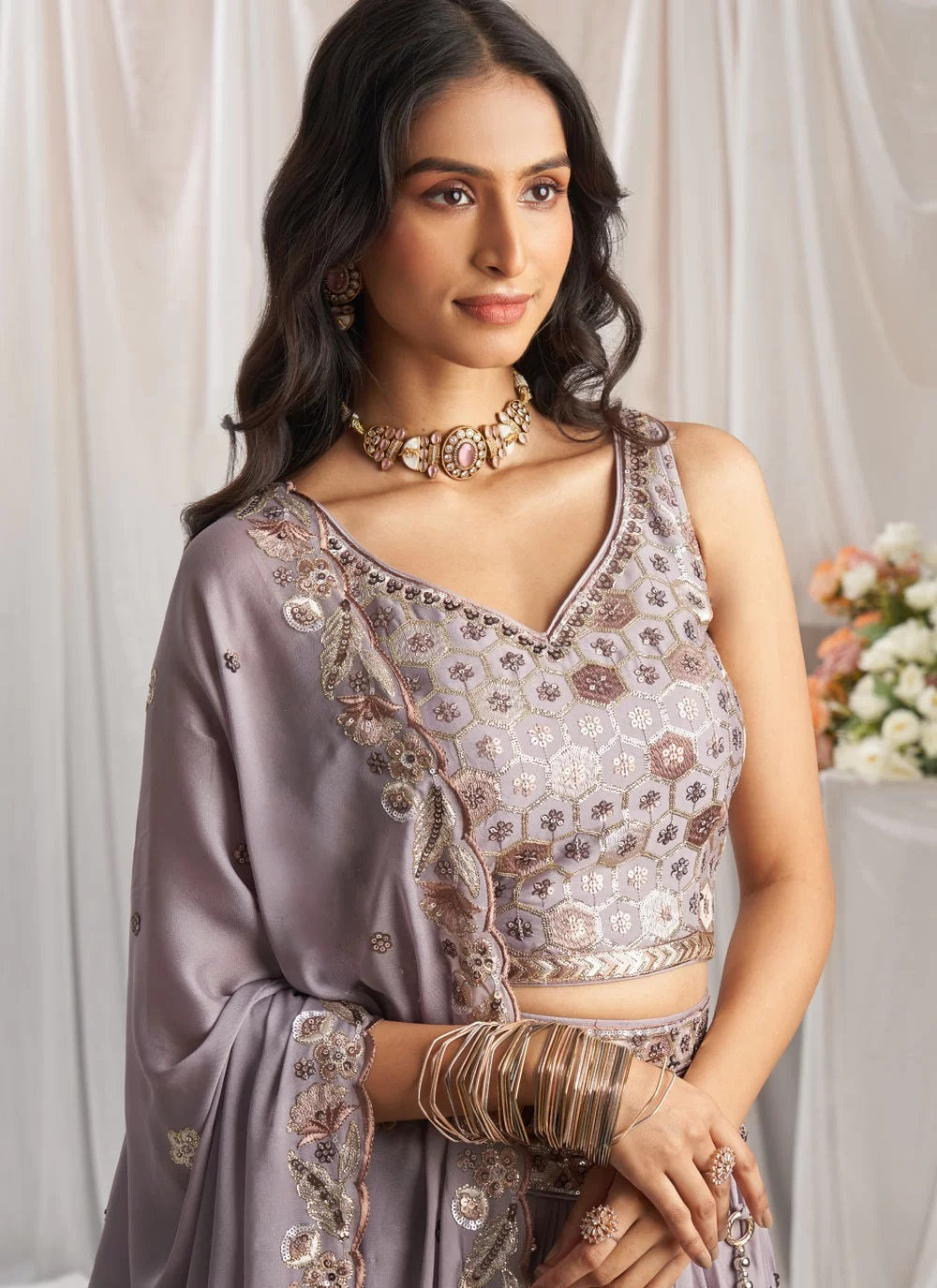 Graceful mauve embroidered wedding lehenga in poly georgette with sequins thread work
