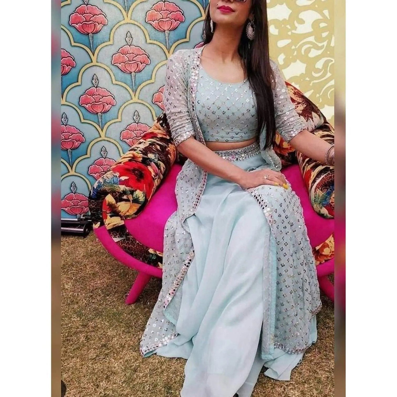 Gray Color Georgette Jacket Style Lehenga with Embroidery and Sequence Work