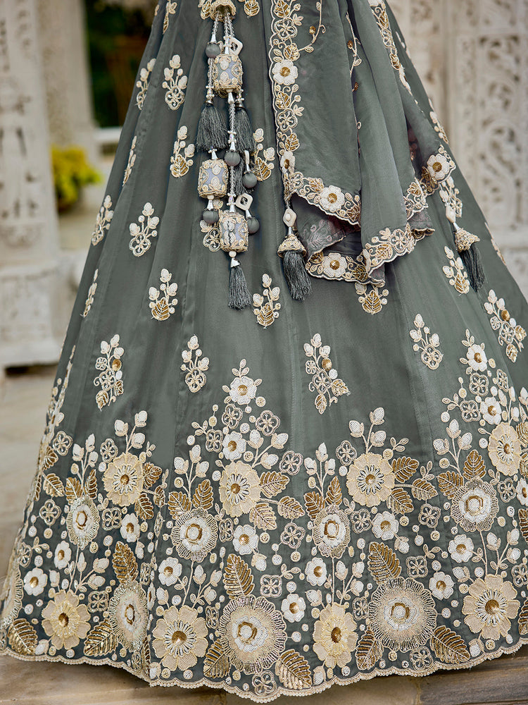 Gray Designer Organza Sequin & Embroidery Work Lehenga Choli with Dupatta – 4Meter Grand Flair, Fully Stitched