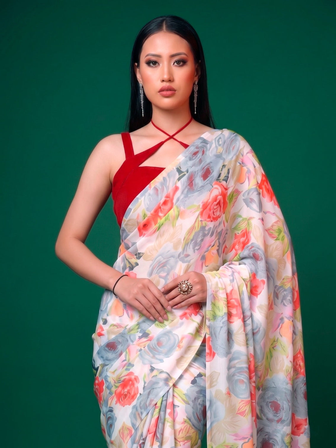 Gray Elegant Floral Printed Dull Satin Saree with Moonga Silk Blouse