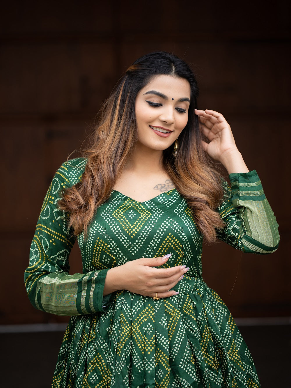 Green Color Digital Bandhej Printed Pure Gaji Silk Gown