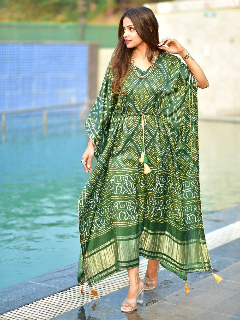 Green color digital bandhej print pure gaji silk kaftan