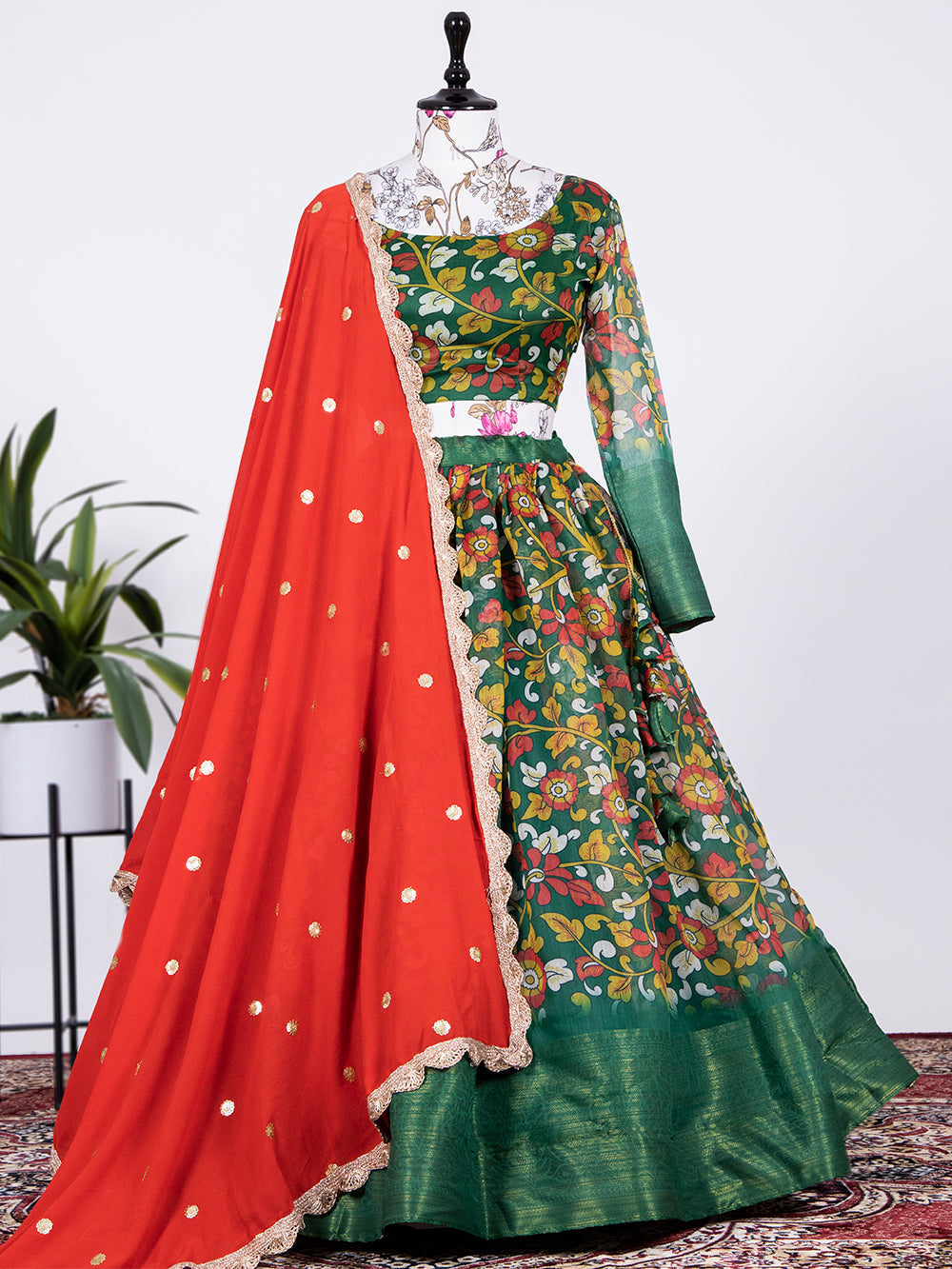 Green Color Printed Soft Cotton Half Saree Set