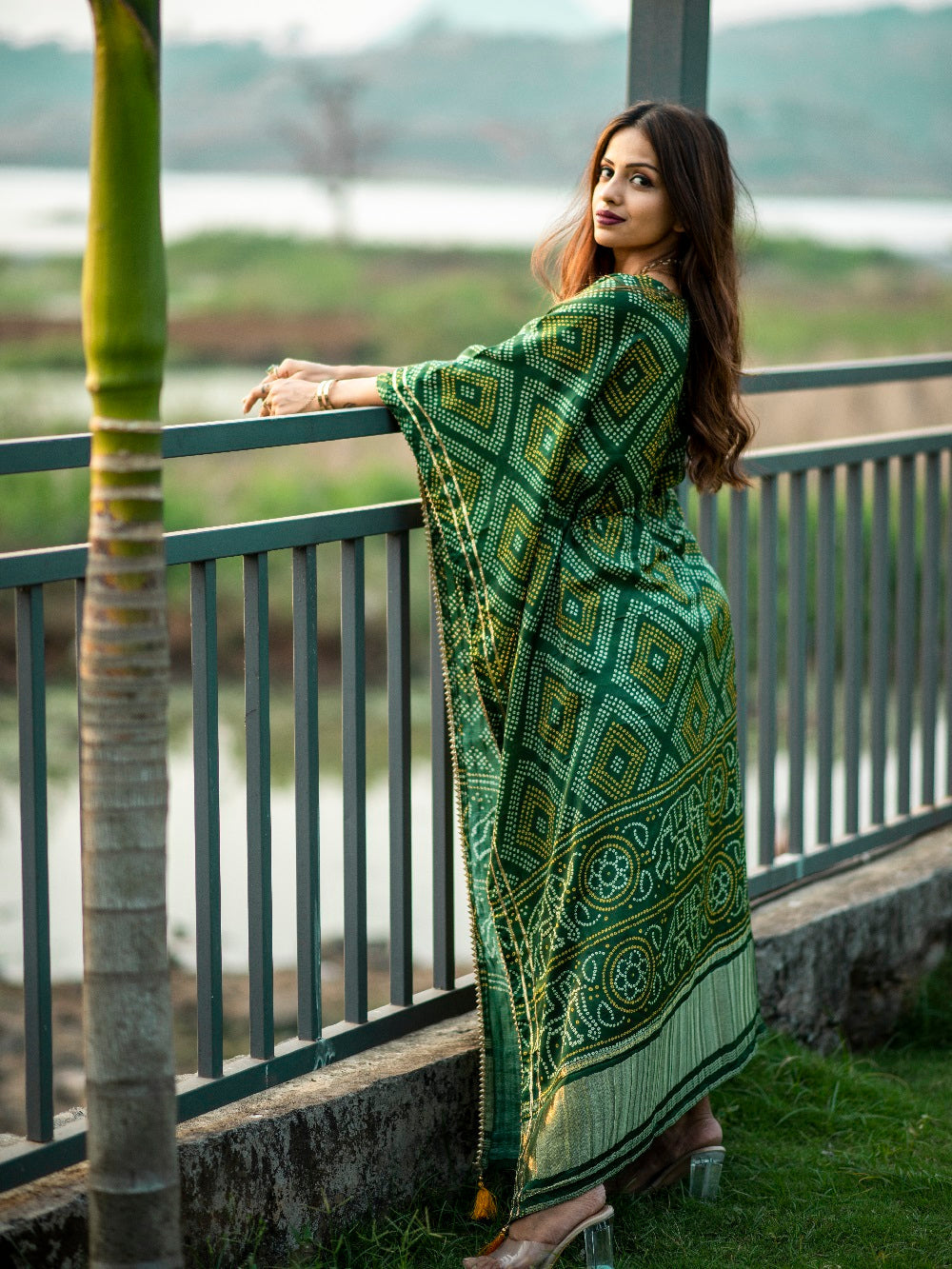 Green color digital bandhej print pure gaji silk kaftan