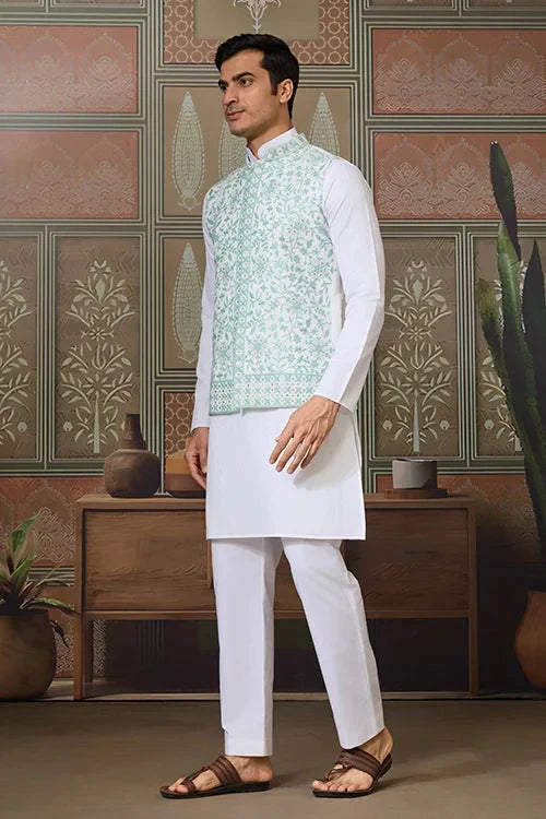 Wedding White Kurta Pajama with Green Koti Style