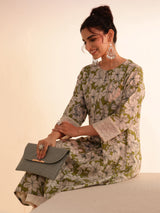 Libas Green Floral Printed Cotton Blend A-Line Kurta